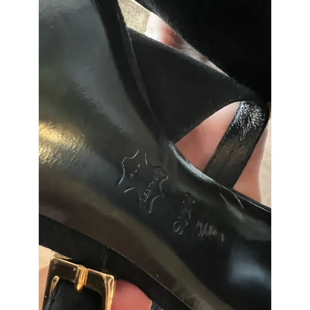 Tory Burch Black Gold Suede Slingback Block Platform Heels Size 9.5